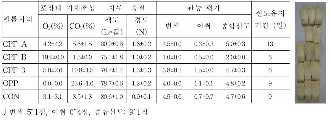 팽이버섯 필름처리별 8℃저장 13일 후 품질