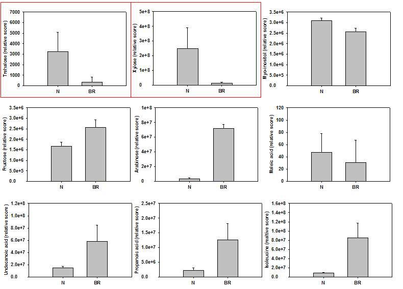 Key compounds identified from the PLS-DA showed major differences in damaged pear. Metabolites from the polar phase were detected by GC-MS.