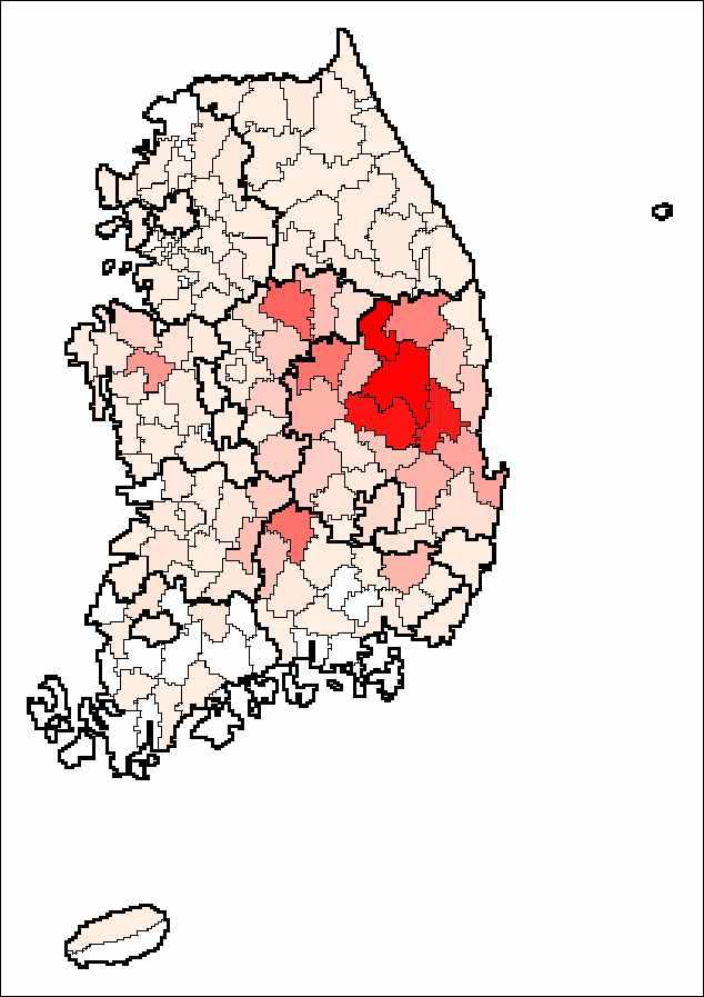 2010년 사과 지역별 재배면적 비교