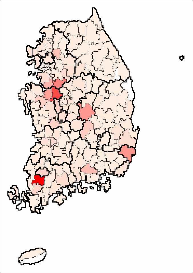 2010년 배 지역별 재배면적 비교