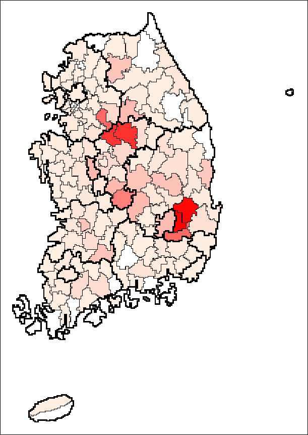 2010년 복숭아 지역별 재배면적 비교