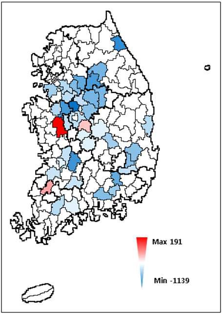 지역별 복숭아 실제 단수와 예측된 단수의 차이