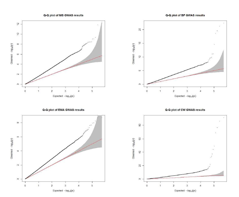 4가지 도체형질의 전장 유전체 연관성 분석 결과의 QQ-plots