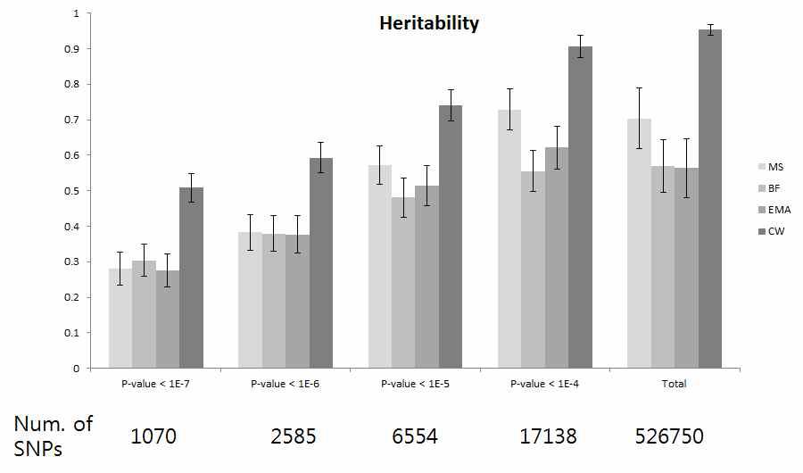 각각의 P-value 별 유전력. Num.of SNPs; number of SNPs, MS; 근내지방도, BF; 등지방두께, EMA; 등심단면적, CW; 도체중