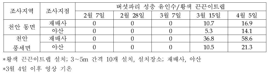 표고버섯 재배사와 야산에서 작은뿌리파리의 초발생기 조사