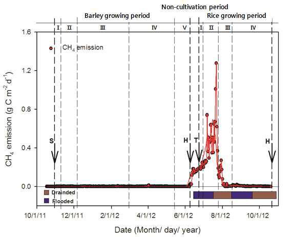 2012년의 벼-보리 이모작지에서 CH4 배출량의 일별 변화