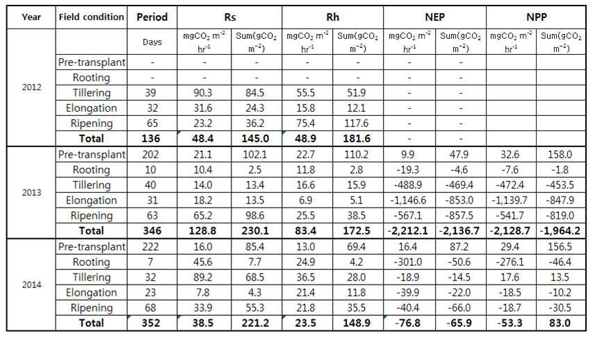 벼 단작지의 생육 단계 별 토양호흡(Rs), 미생물호흡(Rh), 순생태계생산량(NEP), 순일차생산량(NPP)