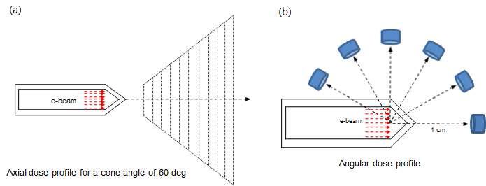 발생된 X-선 계산모델(투과형 X-선 타겟)(a) 깊이방향 흡수선량 계산모델, (b)방위각 방향의 공간분포 계산모델