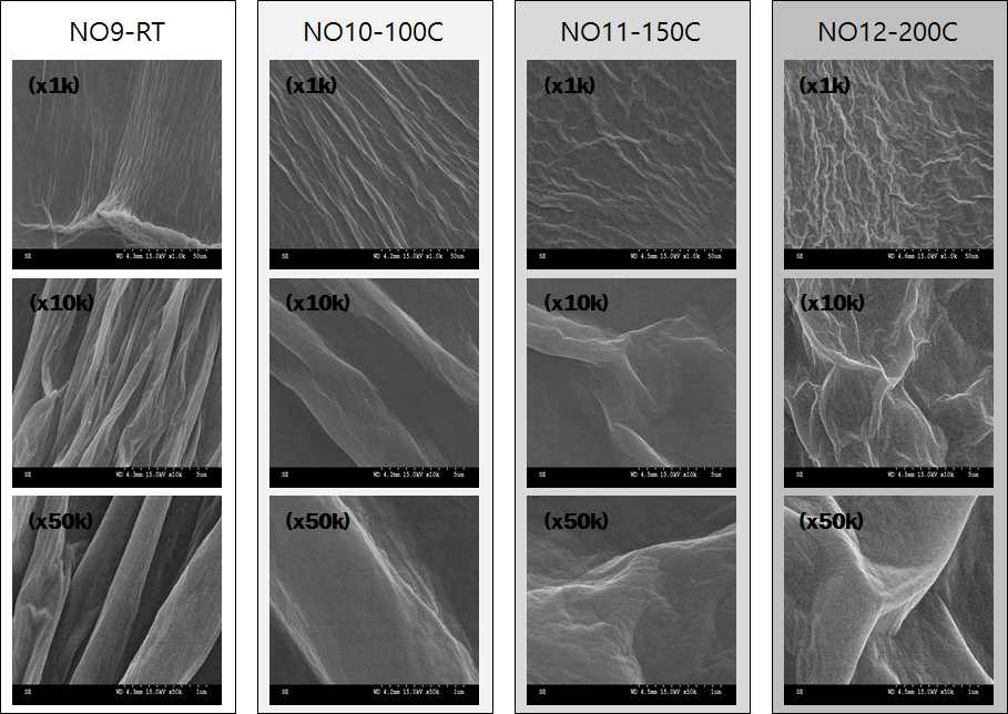 그림 2.3 5.0g/L, V=10, T=1min 조건 시 열처리 온도에 따른 SEM 분석 결과