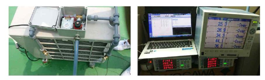 미스트분사형 고효율 실외기 적용 성능실험 토출부 상세(좌)와 측정장비(우)