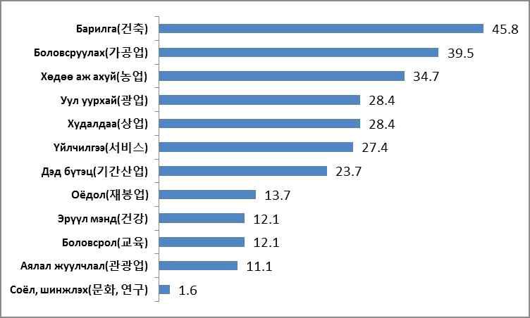 2013년 자본투자 분야별 비율 (몽골)