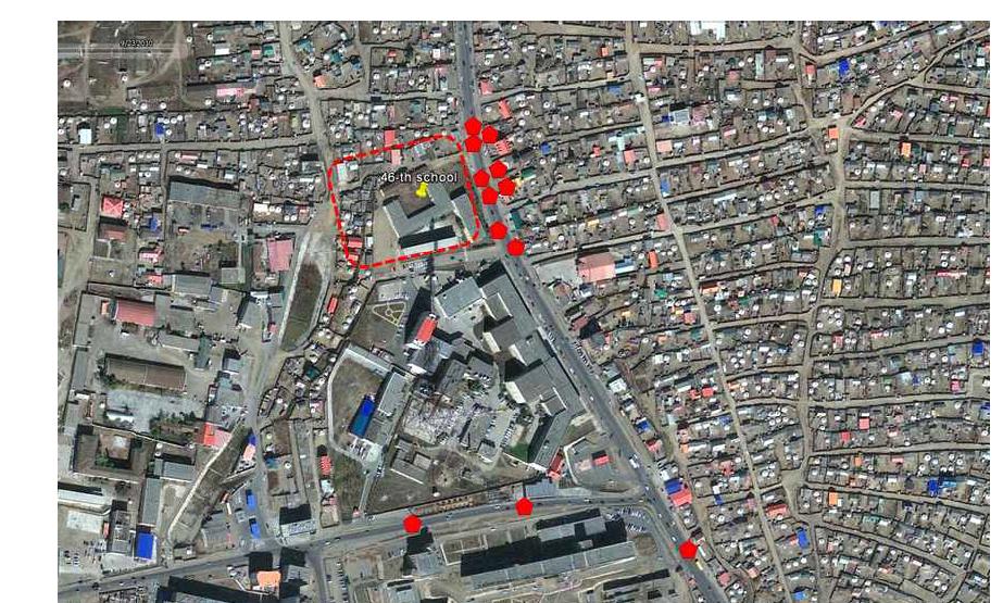 울란바토르시 46번 학교 앞 교통사고 지점 (2013년)