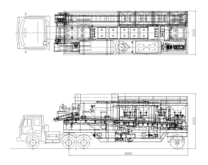 단순구조 이동형 아스팔트 플랜트의 정면도 및 측면도