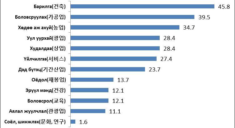 2013년 자본투자 분야별 비율 (몽골)