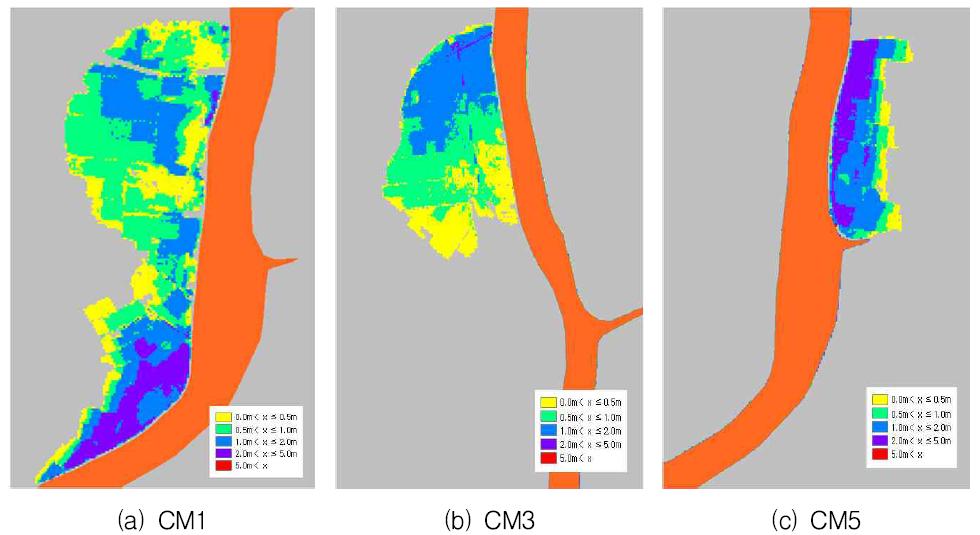 LiDAR자료를 이용한 범람해석 결과(CM1, CM3, CM5)