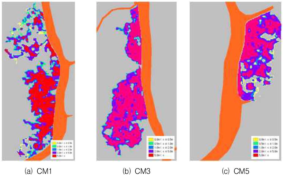 ASTER GDEM을 이용한 범람해석 결과(CM1, CM3, CM5)