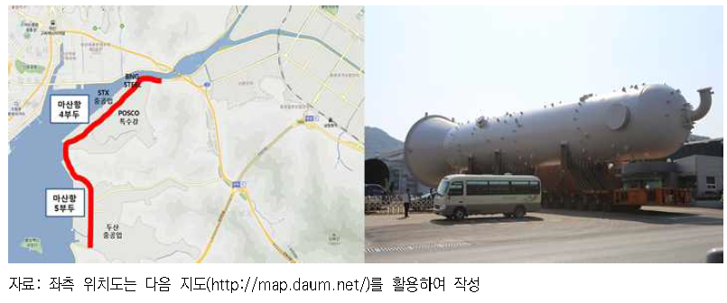 마산항 초중량물 운송구간 및 사례