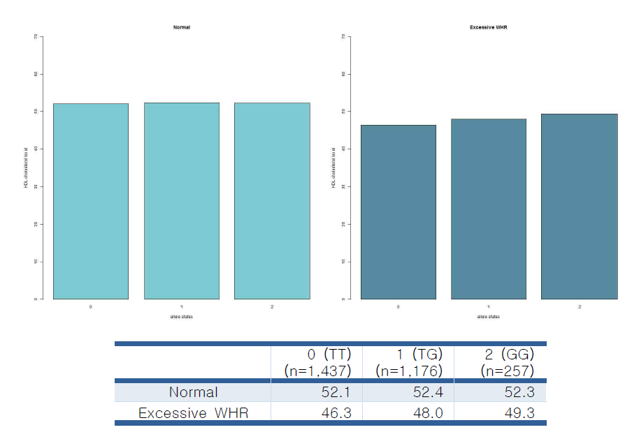 WHR에 따른 rs7067773의 각 state에서의 HDL cholesterol level(mg/dL)의 변화