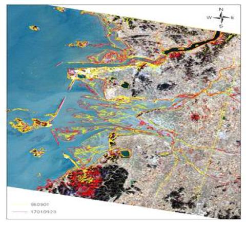 새만금 갯벌의 해안선 추출과 갯벌공간의 비교