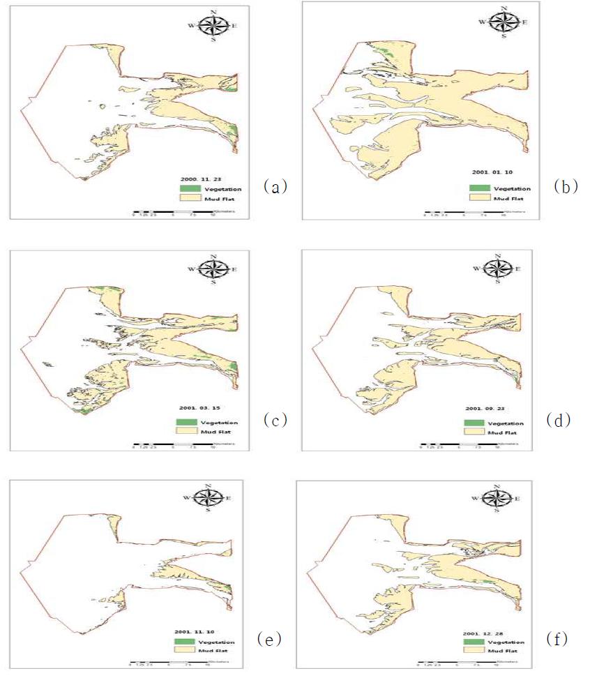새만금 갯벌의 공간적 분포와 식생탐지 지역