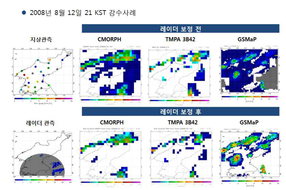 지상관측강우량과 레이더 보정 위성자료 비교(2008년 8월 11일 21시～8월 12일 21시)