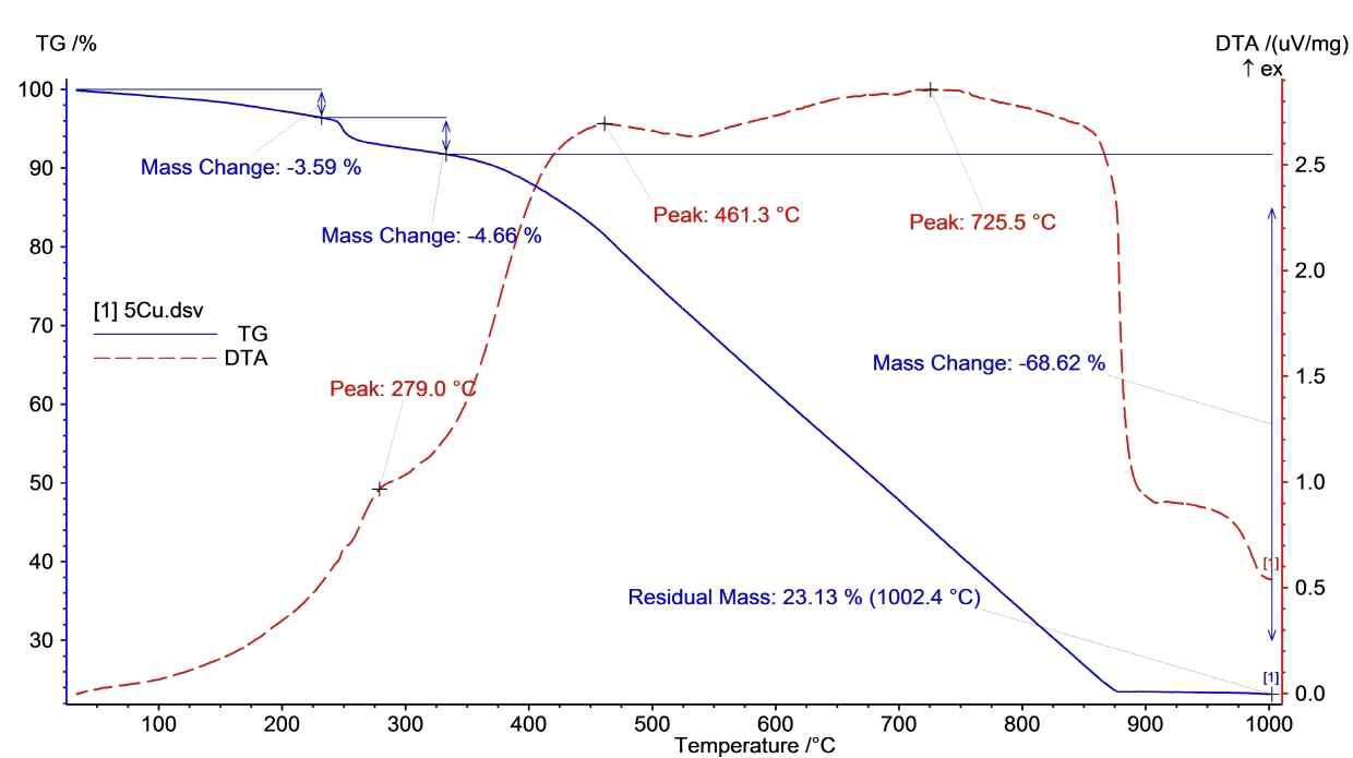 TG-DTA curve of 5wt% Cu impregnated activated carbon