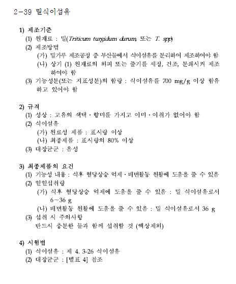 고시형 기능성 원료인 밀식이섬유 규격