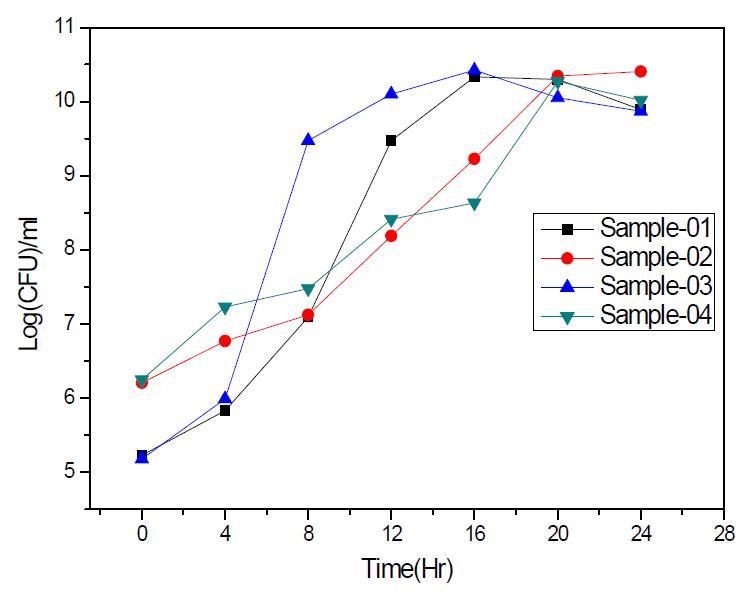 Changes of lactic acid bacteria count in Tarak with different Makgeolli at 37℃ for 24 hr.