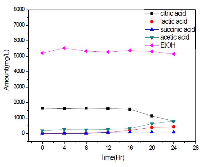 Changes of organic acids and ethanol in S4 Tarak at 37℃ for 24 hr.