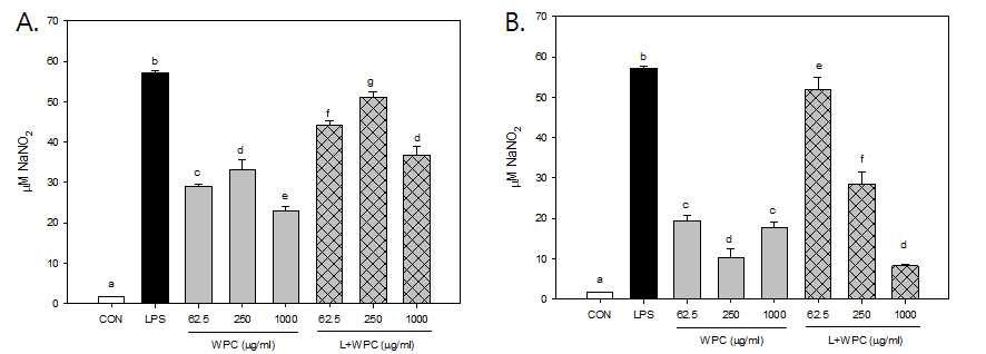 Effect of GPML with WPC and lactose on NO production at the variation of protein levels