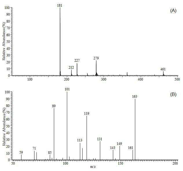 LC-tandem mass spectrometry (MS/MS) spectrums of (A) negative MS spectrum of unknown peak at 3.37min and (B) MS/MS spectrum at m/ z 181.