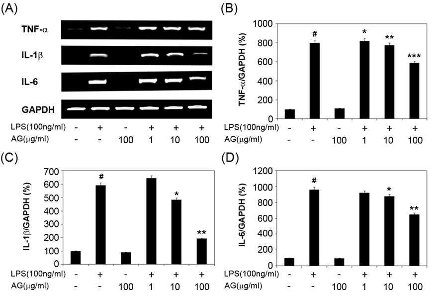 LPS로자극된 BV-2 신경교세포에서전염증성 매개체인TNF-α, IL-1β, IL-6 사이토카인의수검초 추출물 농도에 따른 저해 효능