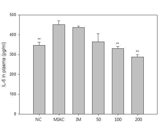 MIA 유도 골관절염 모델에서의 혈청 IL-6 level 측정.