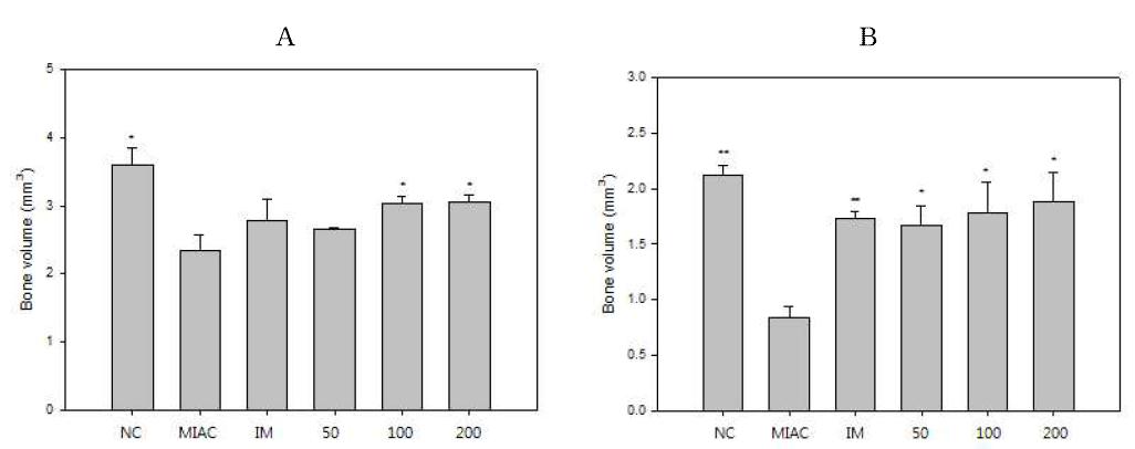 MIA 유도 골관절염 모델에서 micro CT를 이용한 bone volume 측정.