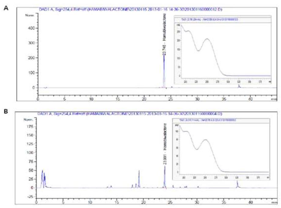 5차 실험의 chromatogram과 spectrum(A: STD, B: Sample)