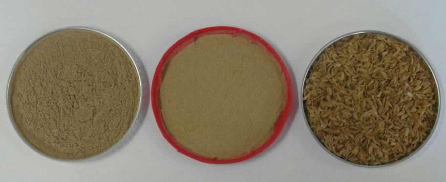 Appearance and color of commercial wood powder(left), rice husk organic filler (middle), rice husk(right) after 2 days of humid heating aging.