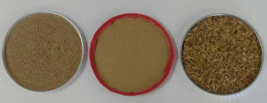 Appearance and color of commercial wood powder(left), rice husk organic filler (middle), rice husk(right) after 4 days of humid heating aging.