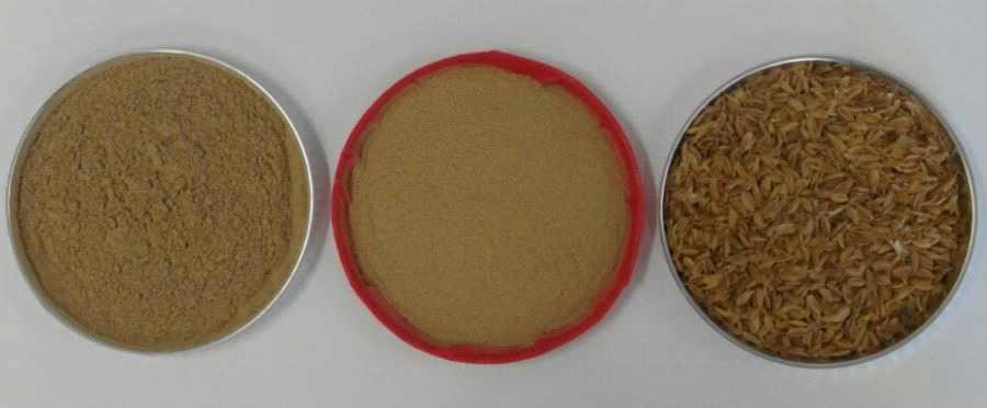 Appearance and color of commercial wood powder(left), rice husk organic filler (middle), rice husk(right) after 6 days of humid heating aging.