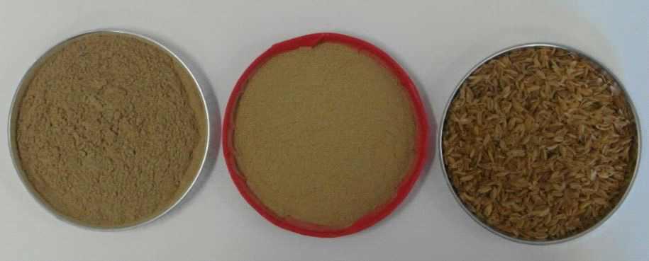 Appearance and color of commercial wood powder(left), rice husk organic filler (middle), rice husk(right) after 8 days of humid heating aging.