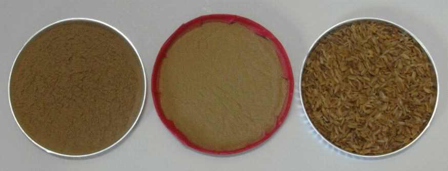 Appearance and color of commercial wood powder(left), rice husk organic filler (middle), rice husk(right) after 10 days of humid heating aging