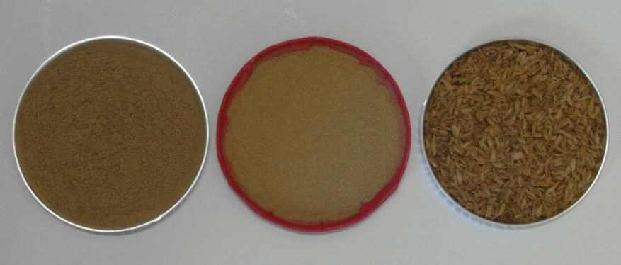 Appearance and color of commercial wood powder(left), rice husk organic filler (middle), rice husk(right) after 12 days of humid heating aging.