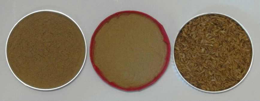 Appearance and color of commercial wood powder(left), rice husk organic filler (middle), rice husk(right) after 14 days of humid heating aging