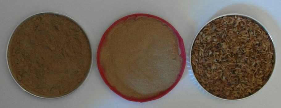 Appearance and color of commercial wood powder(left), rice husk organic filler (middle), rice husk(right) after 16 days of humid heating aging.