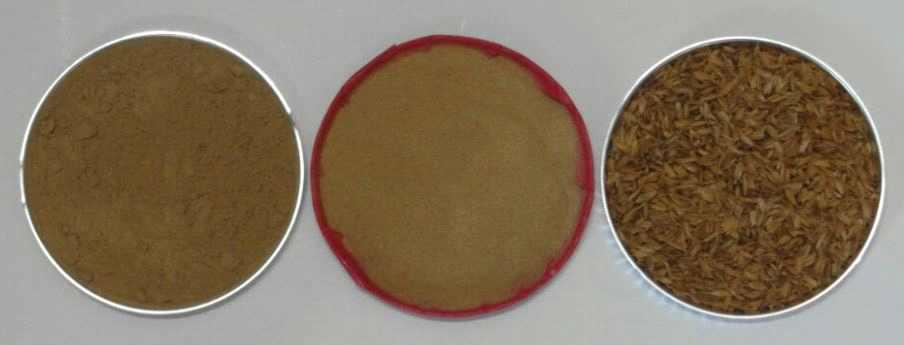 Appearance and color of commercial wood powder(left), rice husk organic filler(middle), rice husk(right) after 18 days of humid heating aging.