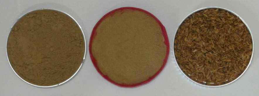 Appearance and color of commercial wood powder(left), rice husk organic filler(middle), rice husk(right) after 20 days of humid heating aging