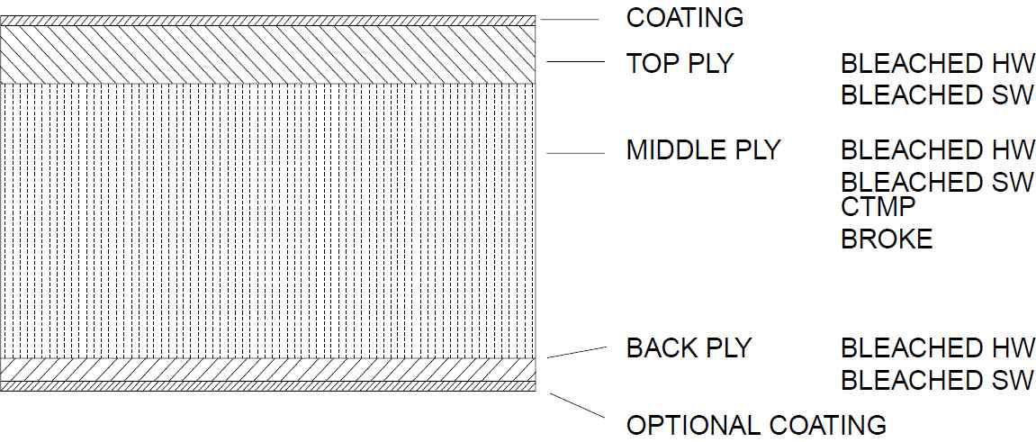 Structure of three-ply solid bleached board.
