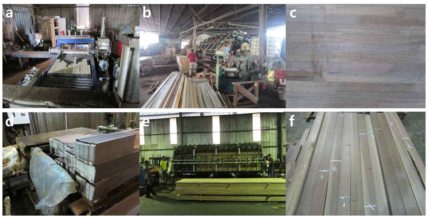 Manufacturing process of laminated board in MY-C (a, b and c) and MY-D (d, e and f)