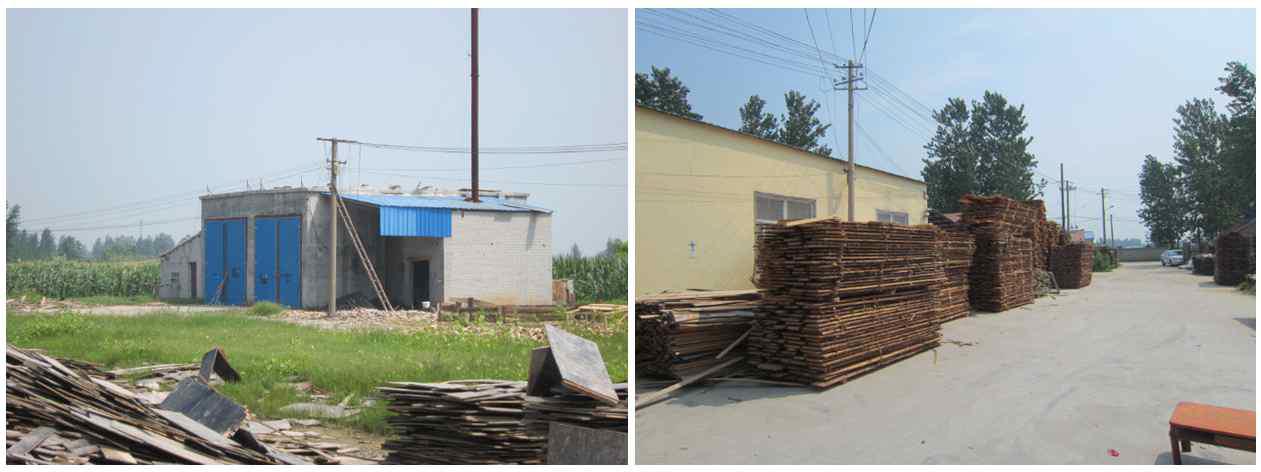 Kiln drying system for log (left) and storage of dried board (right) in CN-A