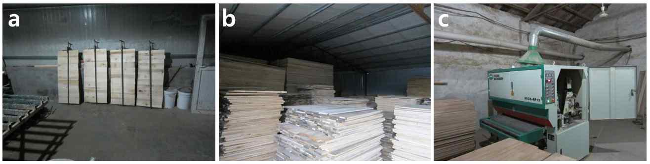 Manufacturing process of laminated board in subcontractor of CN-D (a), storage of laminated board from the subcontractor in CN-D (b), and planing of laminated board in CN-D (c)
