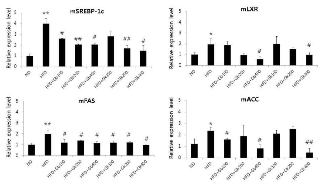 Effects of Ginseol K-b1 and Ginseol K-k on lipogenic gene expression in the liver of HFD-fed mice